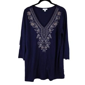J Jill Womans Size M Top Tunic‎ Shirt Blue Embroidered 3/4 Sleeve Stretch Soft